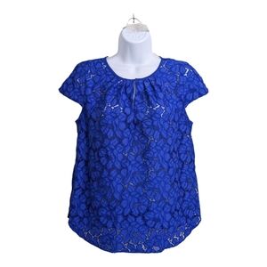 J. Crew Bright Ocean Blue Lace Top Blouse Round Keyhole Neckline Cap Sleeve 6